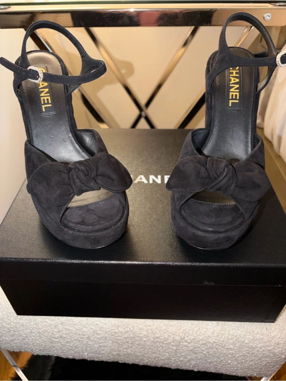 CHANEL Black Suede Platform Sandals with Bow and Pearl Heel Accent